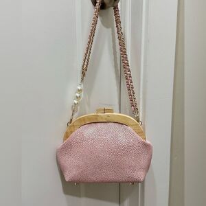 Pink Embossed Leather Handmade Round Wooden Frame Clutch/Crossbody & 2 Chains